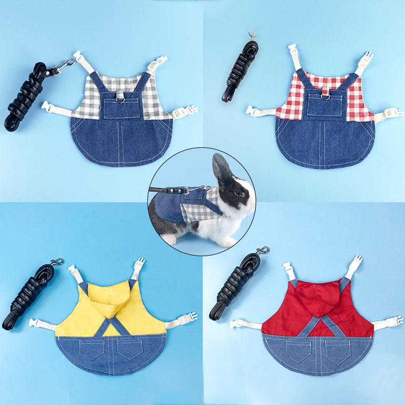Pet Leashes Plaid Denim Rabbit Clothes Rabbit Dwarf Cowboy Clothing With Traction Rope Denim Clothes For Small Pets