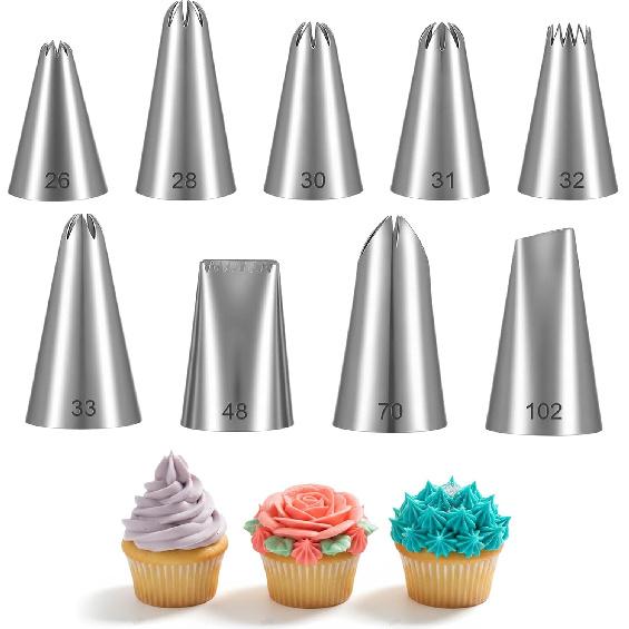 JIEYAO 9 Piece Stainless Steel Star Piping Tips Set, French Open Star Tube Frosting Nozzle Kit Pastry Decorating Tips for Cupcakes Cakes Cookies