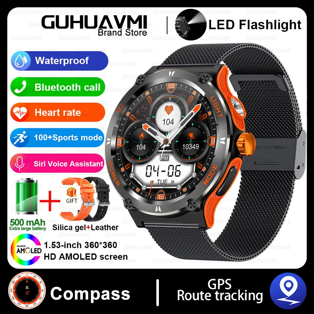 Outdoor Military Smart Watch Men LED Strong Light AMOLED Screen Heart Rate Compass Bluetooth Call 3ATM Waterproof Smartwatch