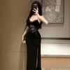 Waist Skirt Dress Split Fork Black Hollow Sexy Skirt Temperament Evening Dress with Chest Pad Suspender Lace Hip Skirt