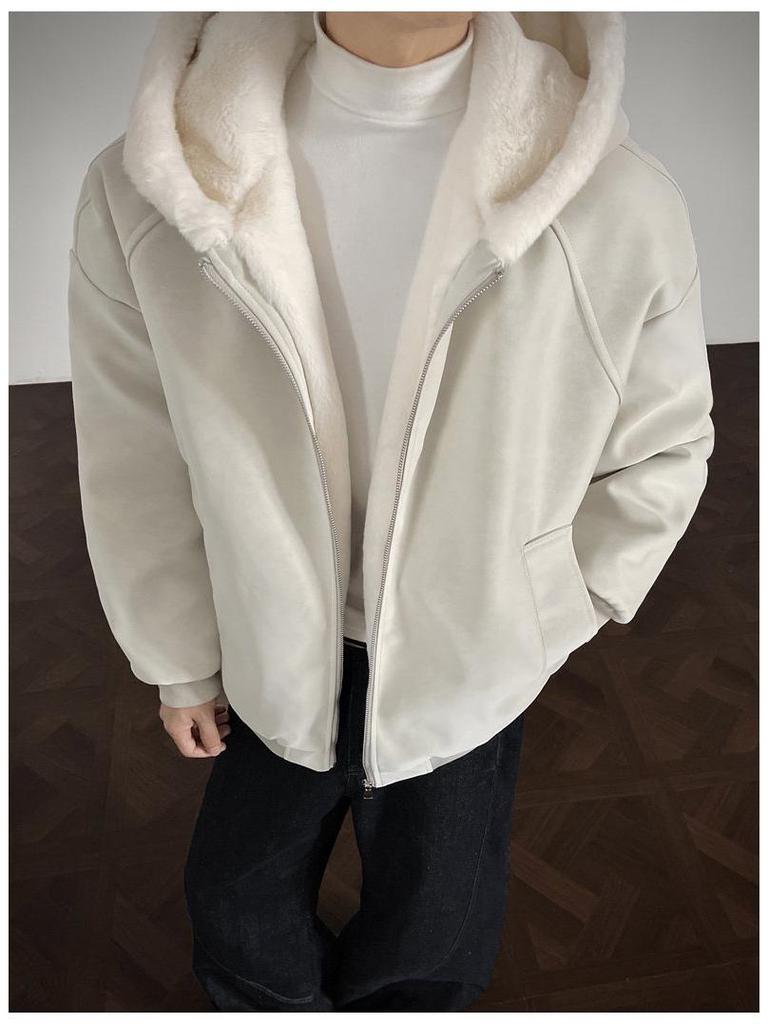 Men's Winter Lychee Pattern PU Leather Jacket with Hood and Fur Collar