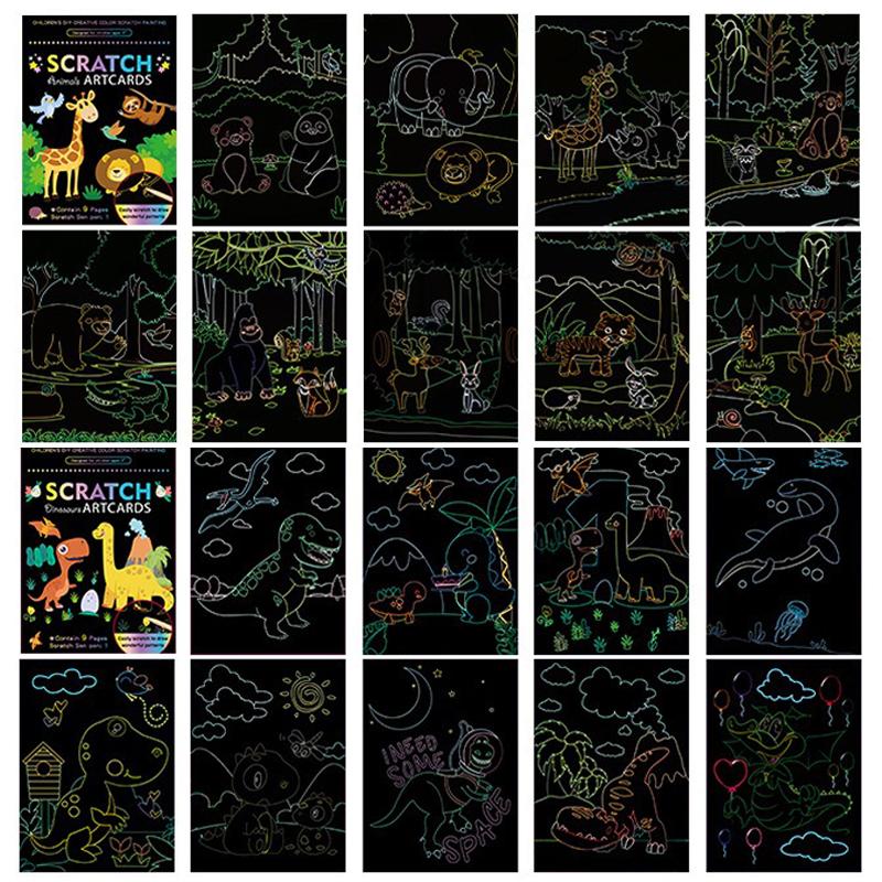 18 PCS Scratch Painting Papers Magic Rainbow Colored Drawing Set Space Animal Ocean Pirate Bamboo Stick Gifts for Boys Girls ZYF