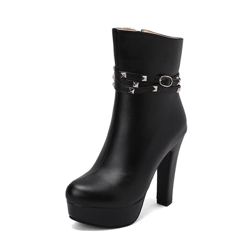 Women Platform Boots High Heels Winter Women Shoes Fashion Rivets Belt Buckle Round Toe Ankle Boots for Women Size 42 43 WSH4982
