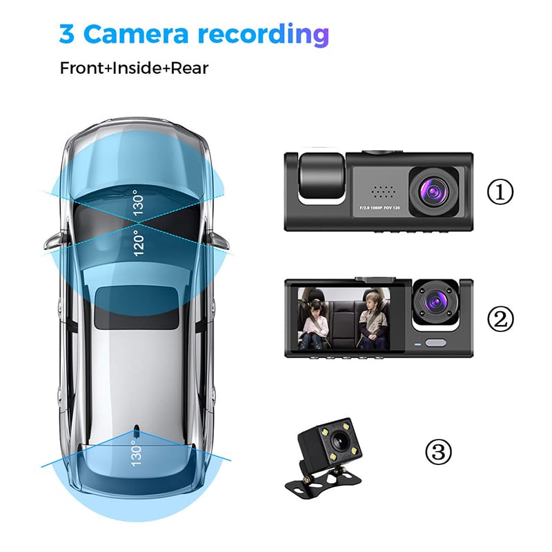 Kawlity 3 Cameras, Dash Camera, Small Dash Camera, 1080P, Full HD Image Quality, 360°
