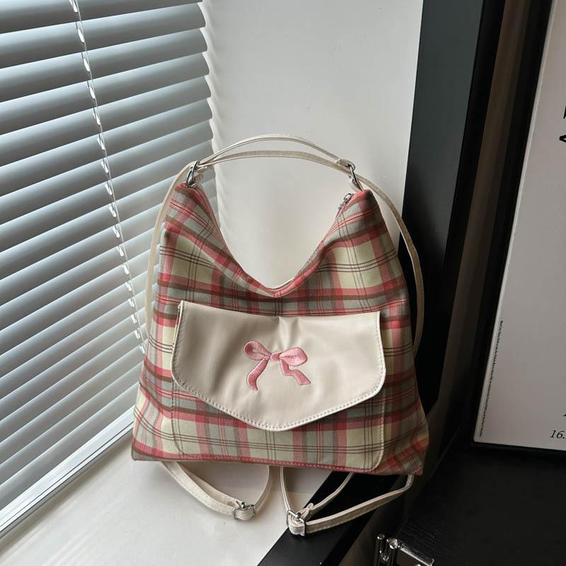 Fashion Multifunctional Contrast Color Plaid Large Capacity Casual Fashion College Sweet Bow One Shoulder Tote Bag Women