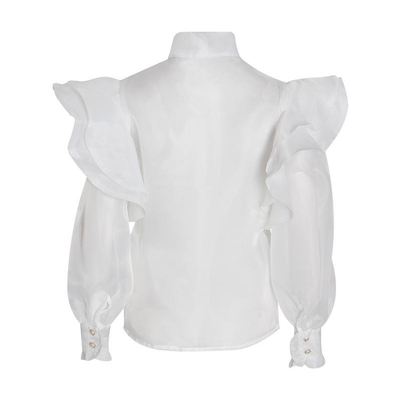 2025 Autumn Sweet Bow Tie Ruffle Mesh Blouse for Women