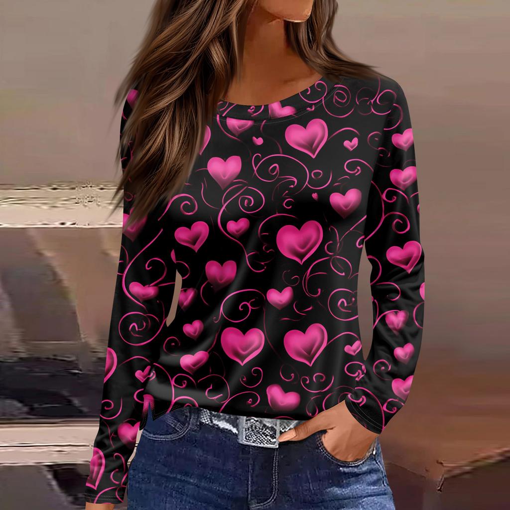 Moda damă ocazional tiv cu fante cu gât rotund, cu mânecă lungă, tricou imprimat liber Top pentru damă