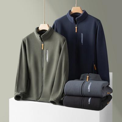 Men Autumn Winter Fleece Lining Jacket Stand Collar Long Sleeve Pockets Coat Solid Color Zipper Placket Outerwear
