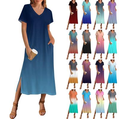 Damen Sommerkleid mit Farbverlaufsdruck, kurzärmelig, Strandkleid mit Tasche, lässiger V-Ausschnitt, Saum und Seitenschlitz
