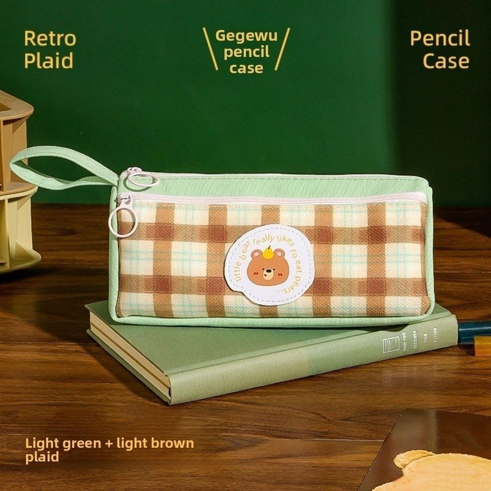 Grid Pattern Retro Grid Stationery Bag Cute Animal Pencil Pouch Vintage Plaid Pen Bag  Student