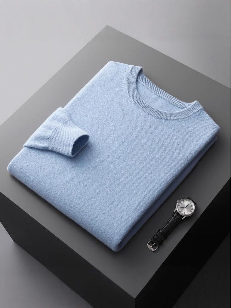 Men's 100% Wool Round Neck Long Sleeve Knit Pullover - Autumn/Winter Solid Color Base Layer