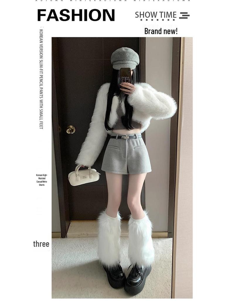 High-Waisted Women's Woolen A-Line Shorts - 2026 Autumn/Winter Collection, Fashionable Wide-Leg Bootcut Style.