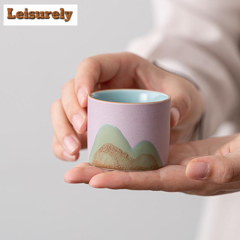 4pc/set Handdrawn Mountain Tea Cup Japanese Coarse Pottery Master Cup Meditation Cup Chazhan Set of Cups Water Jug Gift Box Set
