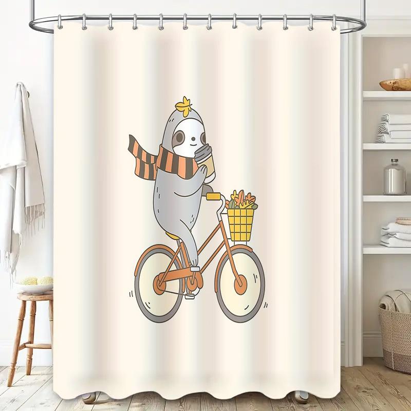 Cute Sloth Cycling Bicycle Shower Curtain Set Waterproof Forest Animal Bathroom Decor Nature Theme Home Decor Farmhouse Style