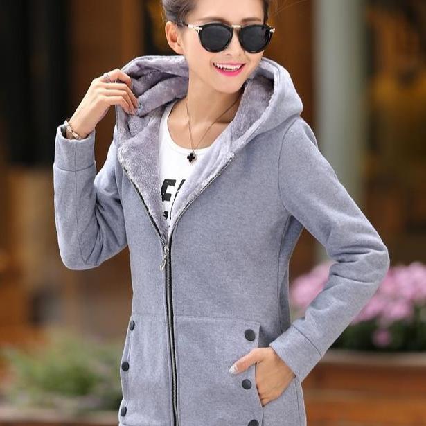 Women's Casual Fleece Hooded Jacket, Solid Color Long Sleeve Zip-Up Sweatshirt Fall/Winter Outerwear