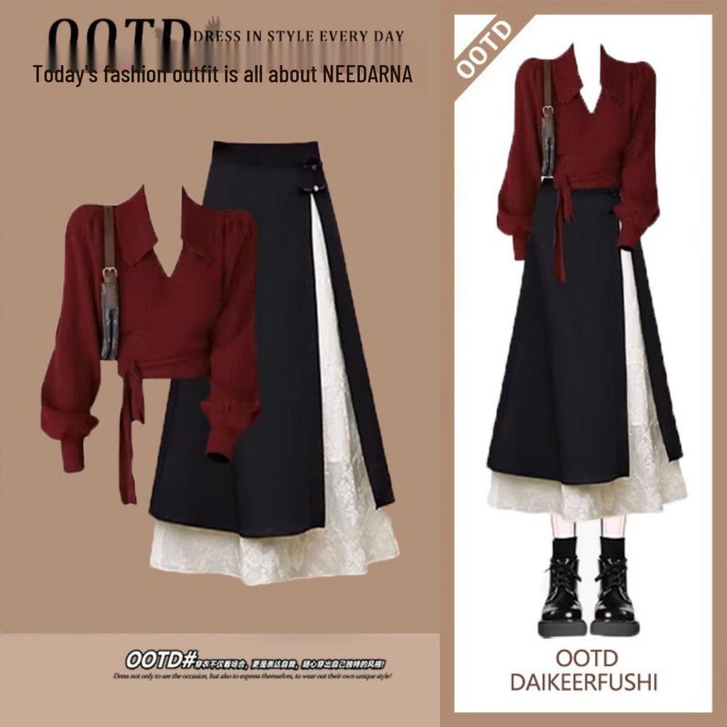 2026 Winter Retro Red Top & Irregular Slimming Skirt Set