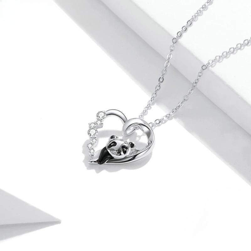 Sterling Silver Lovely Panda Necklace Dazzling Heart Zircon Long Chain Link Necklace for Women Fashion Jewelry