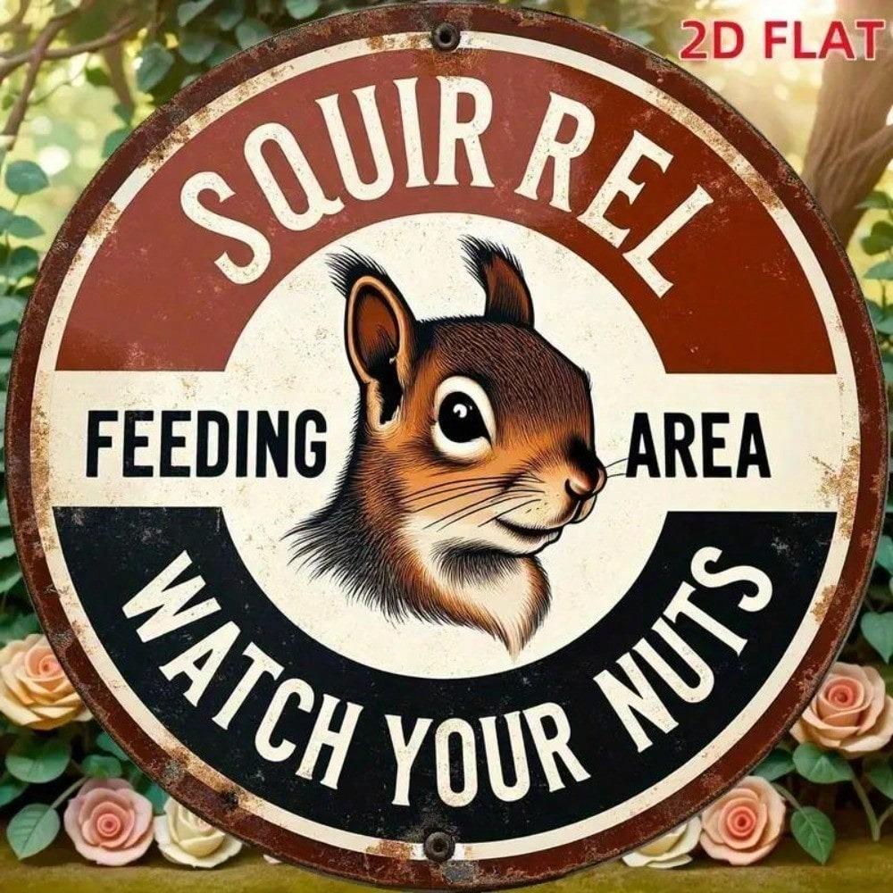 Vintage Squirrel Warning Sign Rustic Metal Plaque Nut Theft Deterrent Bird Feeder Outdoor Wall Decor Wildlife Art