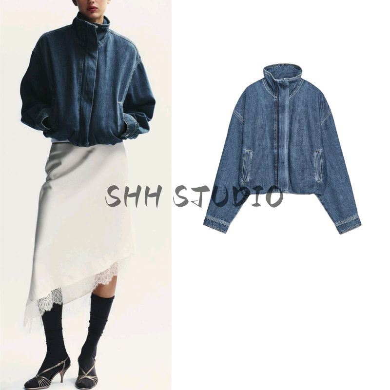 Autumn New Women Clothes French Style Drop Shoulder Elastic Hem Stand Collar Long Sleeve Denim Jacket 1300070