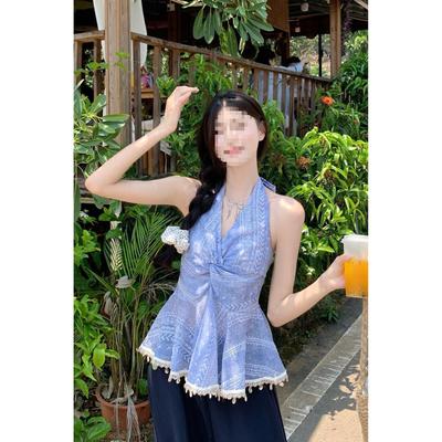 2026 Summer Korean Style Beaded V-neck Halter Crop Top for Women