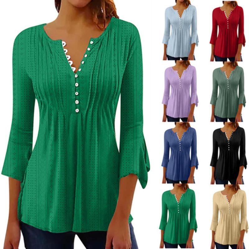 Solid Color Hollow Out V Neck Button Petal Sleeve Loose Commuting Women T Shirt