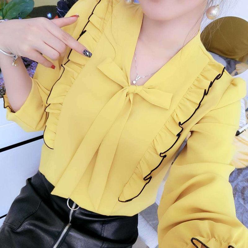 Primavera feminina novo estilo coreano moda arco blusa de manga comprida camisa de emagrecimento fino camisa de chiffon all-match