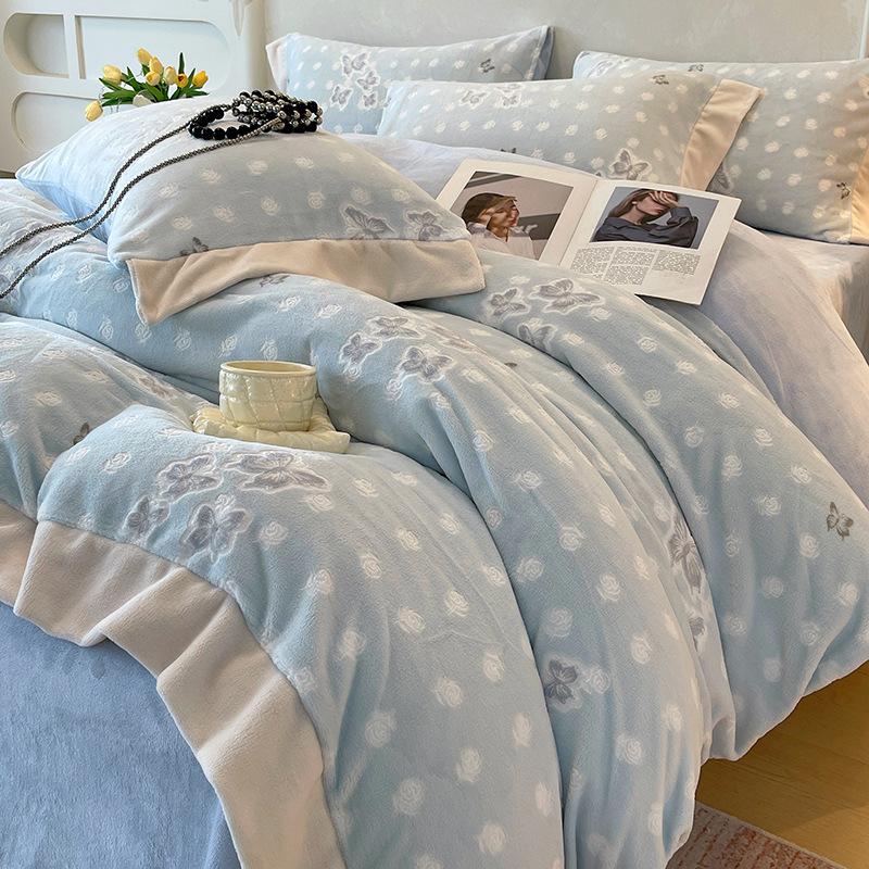 Thickened Milk Fleece Four-Piece Korean Carved Coral Fleece Double-Sided Flannel Quilt Cover Bed Sheet Bedding
