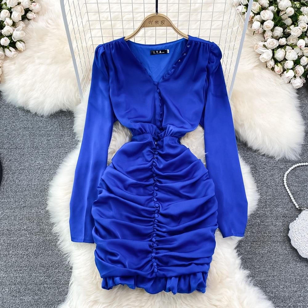 RUGOD High Quality Sexy V-neck Dress Spring 2025 New Slim Slim Pleated Ruffle Hip Wrap Short Dress Single-breasted