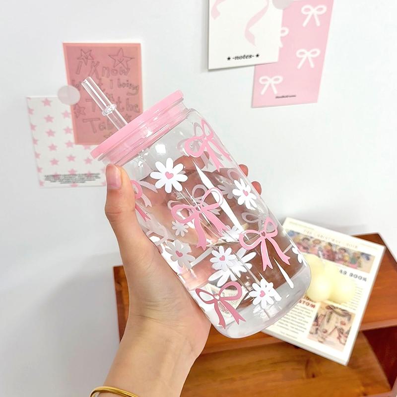 500ml Růžová Láhev na Vodu s Potiskem Mašle Pítko Ledová Horká Káva Džus Plastový Pohár Růžová Mašlička Termopohár