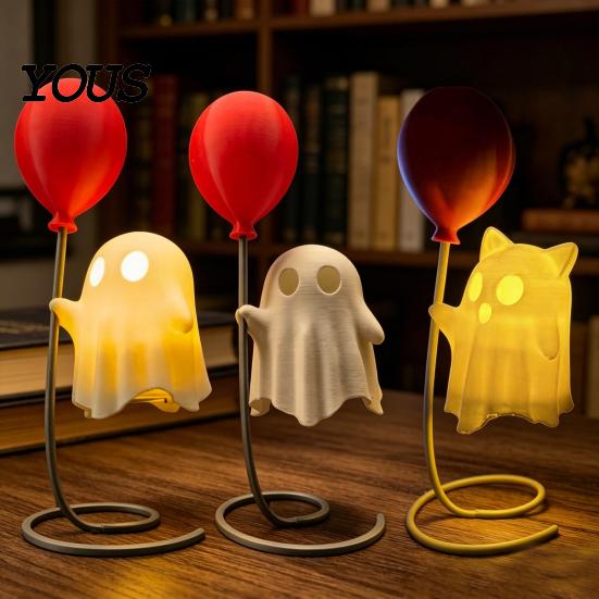 Balloon Ghost Figurine Cute with Balloon, Warm LED Night Light, Halloween Spooky Ornament Decoration for Bedroom Desk Table Centerpiece Cozy