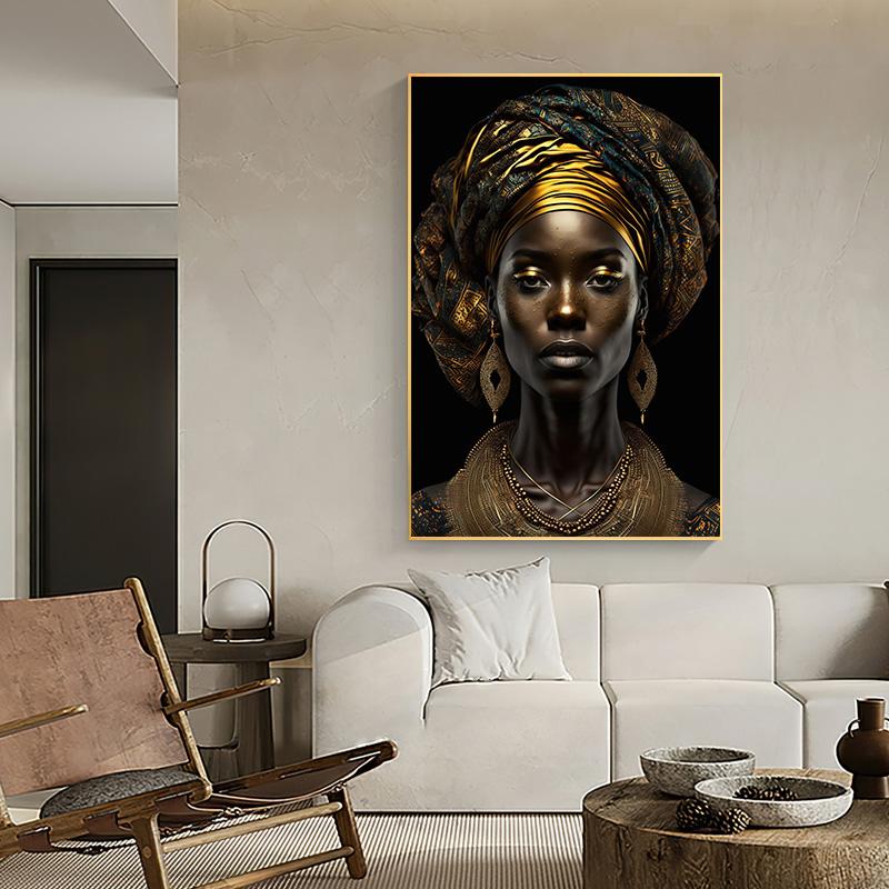Schwarzgold Afrikanische Frau Porträt Poster Leinwand Malerei Abstrakte Wand Kunst Bild Für Moderne Wohnzimmer Dekoration
