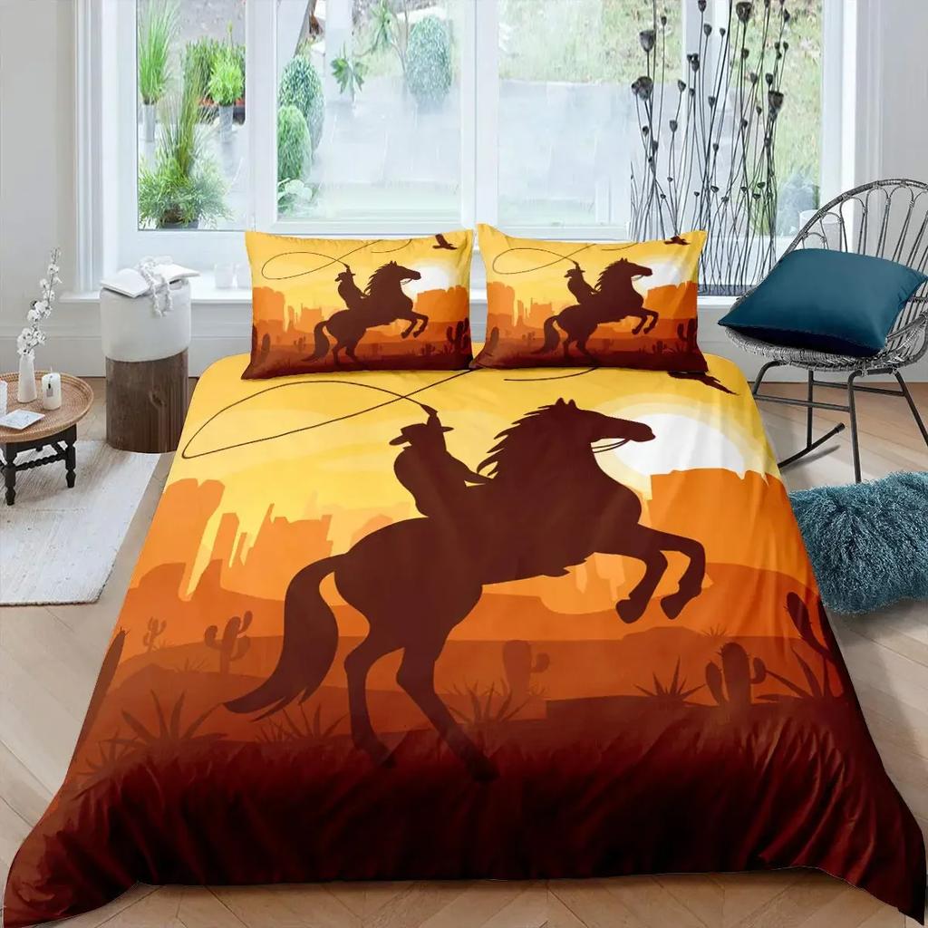 Western Cowboy Duvet Cover Set Vintage Farmhouse Bedding Set For Kids Boys Teens Queen Size Soft 2/3Pcs Polyester Quilt Cover