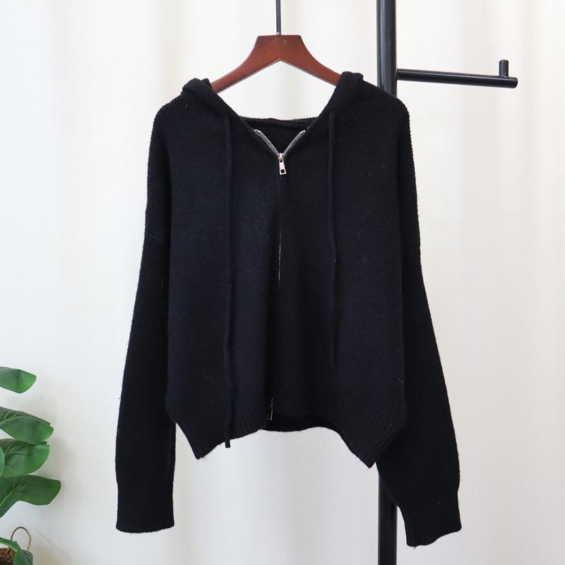 Double zipper hooded knitted cardigan autumn and winter new short design loose sweater jacket women