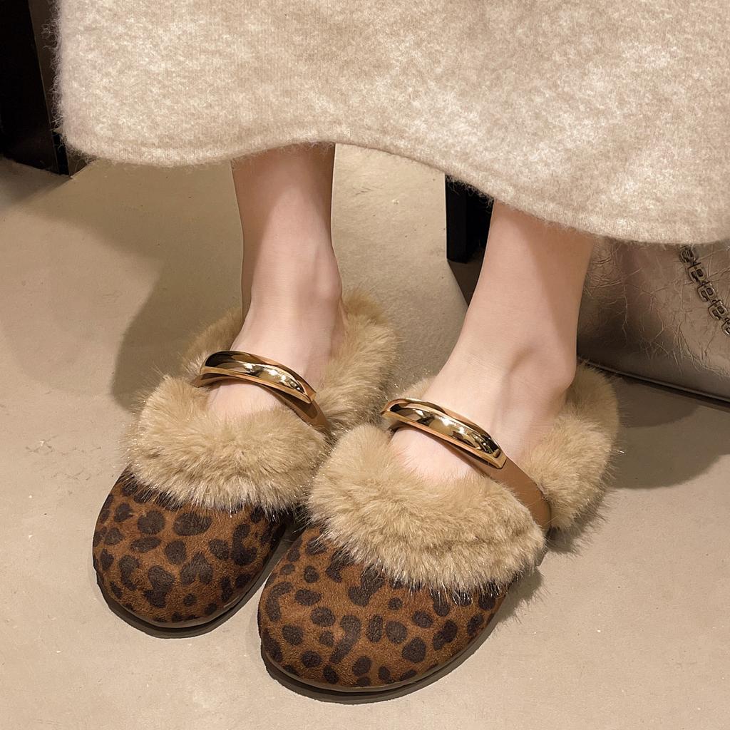 Luxury Women Cotton Slippers Autumn Winter Thicken Plush Non Slip Mary Jane Shoes Fashion Metal Decoration Comfort Casual Shoes
