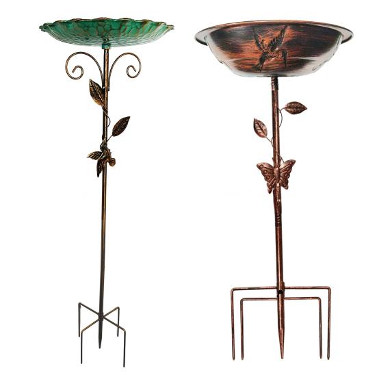 Metal Retro Bird Bath Feeder Bowl with 5-Prong Stake Detachable Decorative Birdbath Garden Water Feeder for Patio Yard Decor