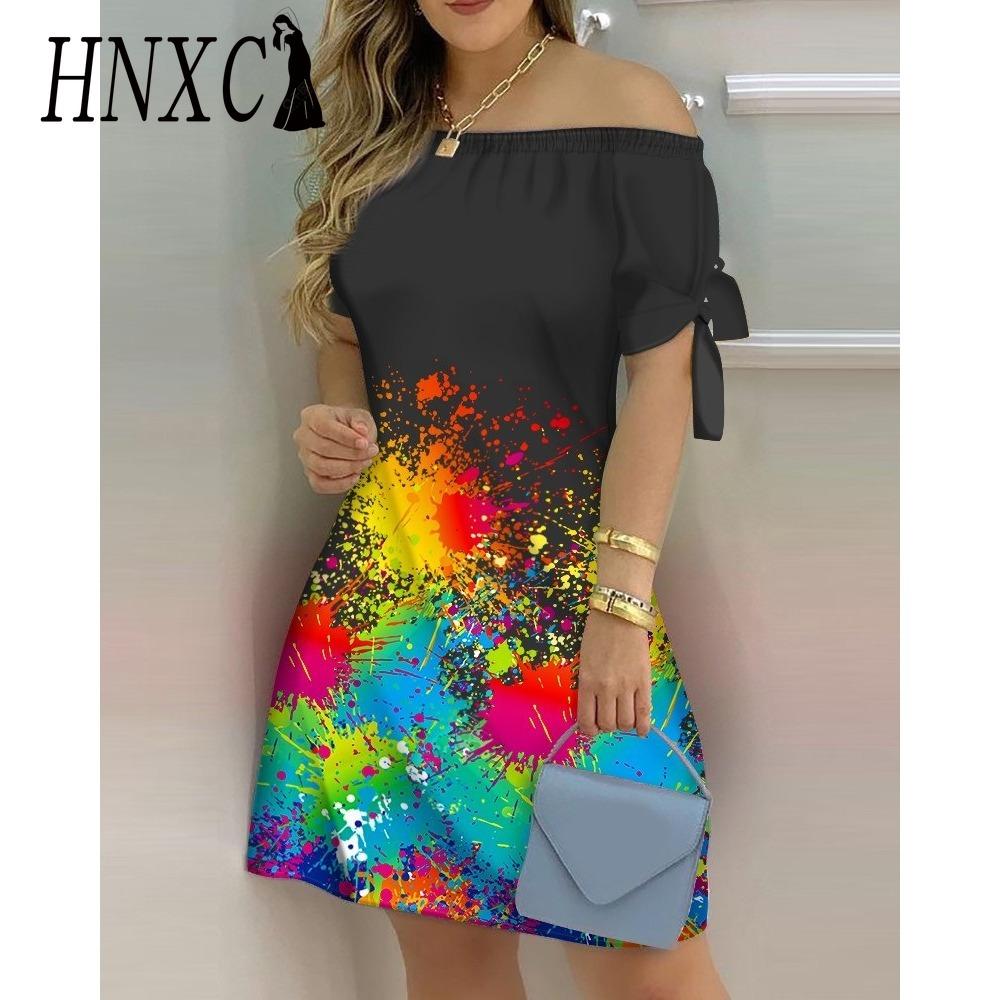 HNXC Women Fashion Off Shoulder Dress Short Sleeve Bow Tie Print Dresses Summer Beach Dresses Plus Size