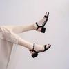 Sandals Female Summer 2025 New Middle Heel Thick Heel One-word Buckle with Rhinestones Fairy Style Versatile Shoes with Skirts