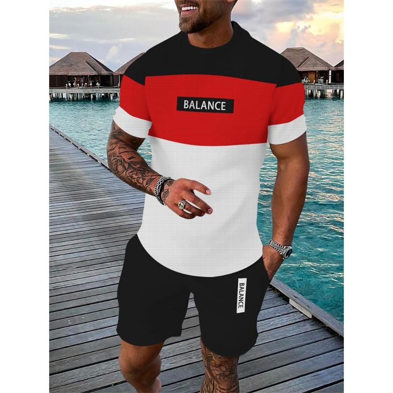 Men's Breathable Athletic Set Summer 3D Letter Print T-Shirt And Shorts Set Adult Lightweight Fitness Wear Casual Sportswear Set