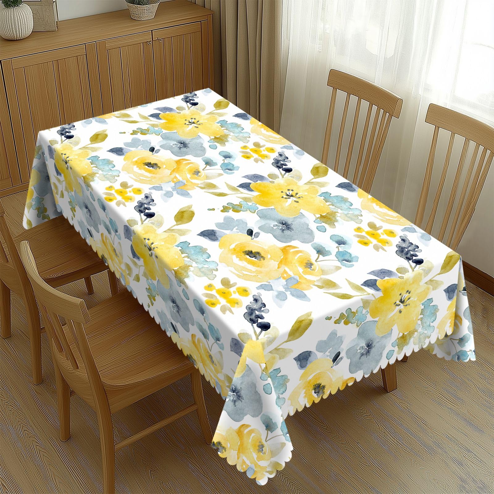 Waterverf Geel Blauwe Bloem Tafelkleed, Polyester Waterdichte Tafelhoes voor Keuken Eetkamer Decoratie 140x180cm