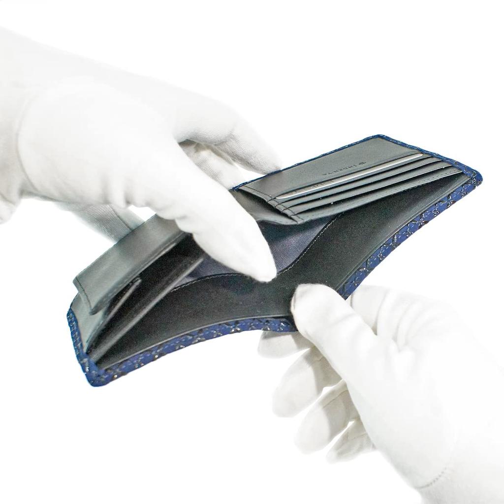 [Inden-ya] Inden Bifold Wallet with Small Bill Compartment and Box-Shaped Coin Purse, Deerskin, Navy Blue with Black Lacquer, Shippo Pattern,