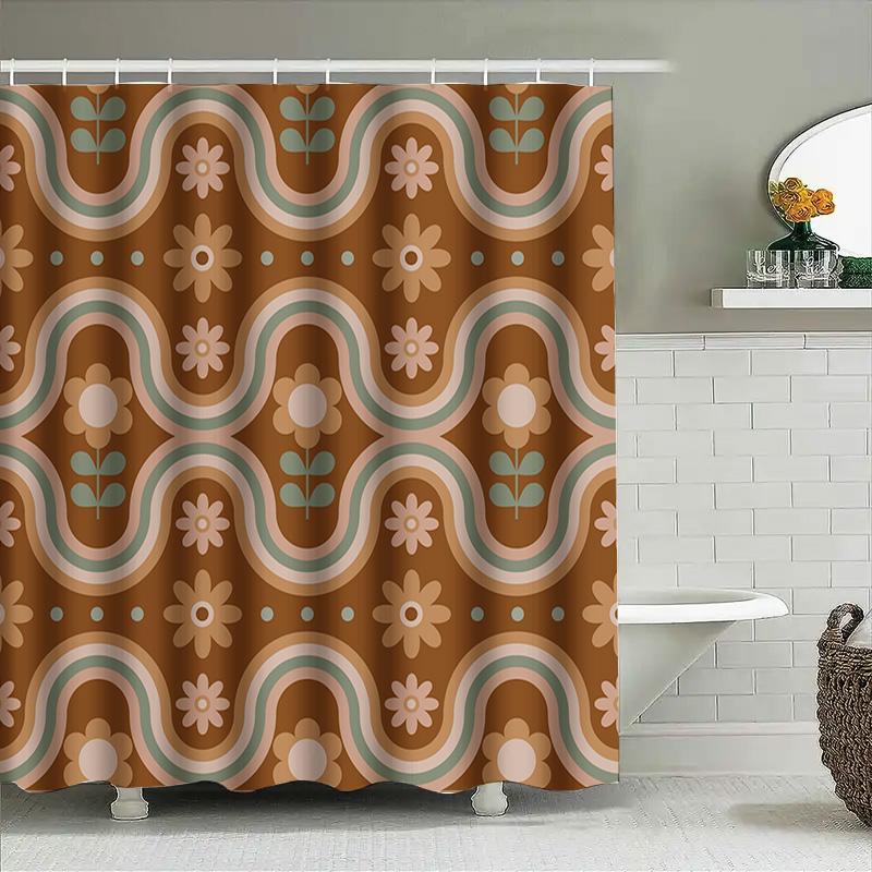 Unique Retro Floral Shower Curtain with Wavy Patterns Perfect for Bathroom Decor!