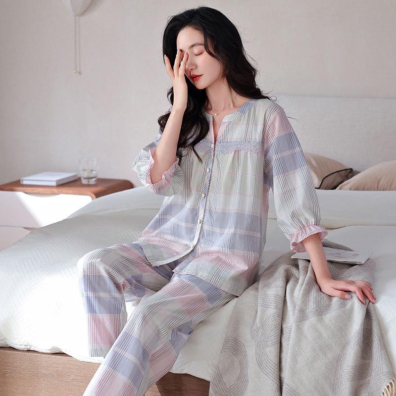 Woven cotton gauze pajamas women's summer pure cotton seven-quarter sleeves spring and summer cotton thin large-size summer loungewear set