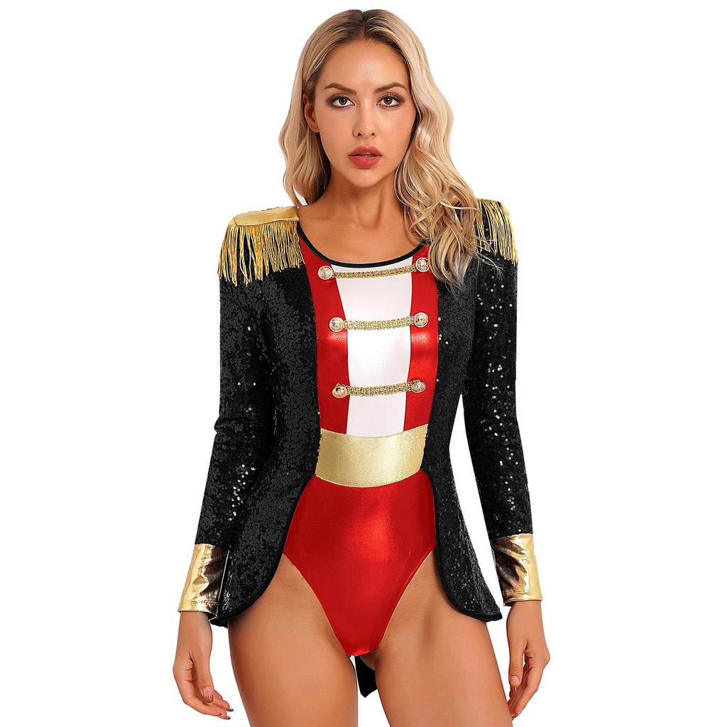 Womens Circus Ringmaster Cosplay Bodysuit Long Sleeve Allover Sequin Tail Jumpsuit Halloween Festival Costumes