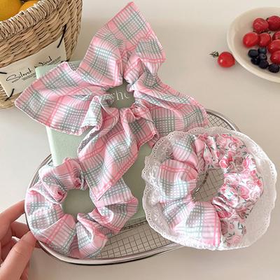 1pc Sweet Lace Floral Pink Checkered Large Intestine Hair Ring,back of Head Tied Hair Rope Ponytail Head Rope Versatile Hair Tie