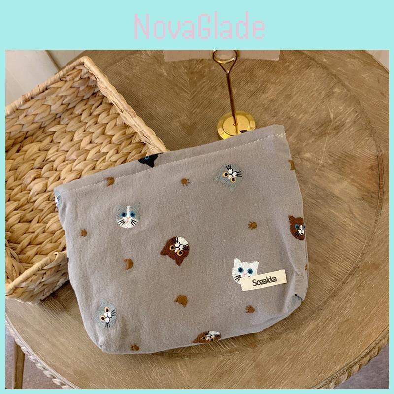Cute Japanese Style Cat Linen Cosmetic Bag Lipstick Storage Pouch Pen Case Black Gray Beige Soft Canvas Zipper Closure