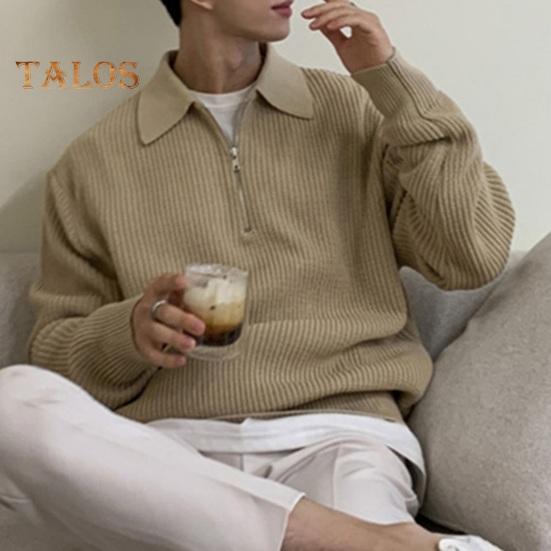 Fall Winter Men Sweater Turn-down Collar Half Zipper Long Sleeves Solid Color Loose Knitted Top Daily Wear School Work Knitwear