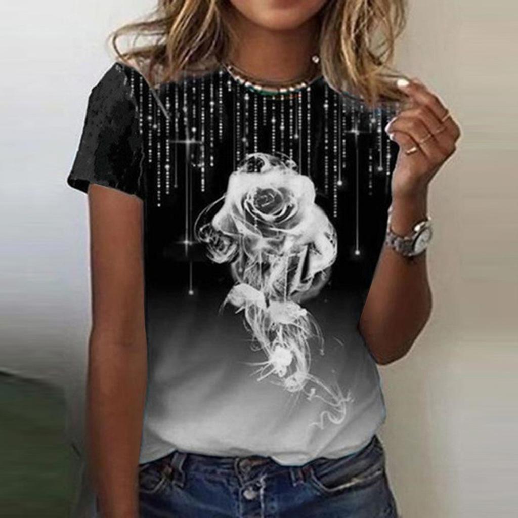 Women's  Fashion Summer New Round Neck Rose Print Short Sleeve Casual T-shirt Top