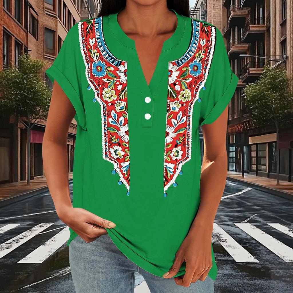 Damen Freizeit Locker Sitzend Kurzarm Knopf V-Ausschnitt Blumenmuster Bluse Top Leicht Atmungsaktiv Sommerhemd