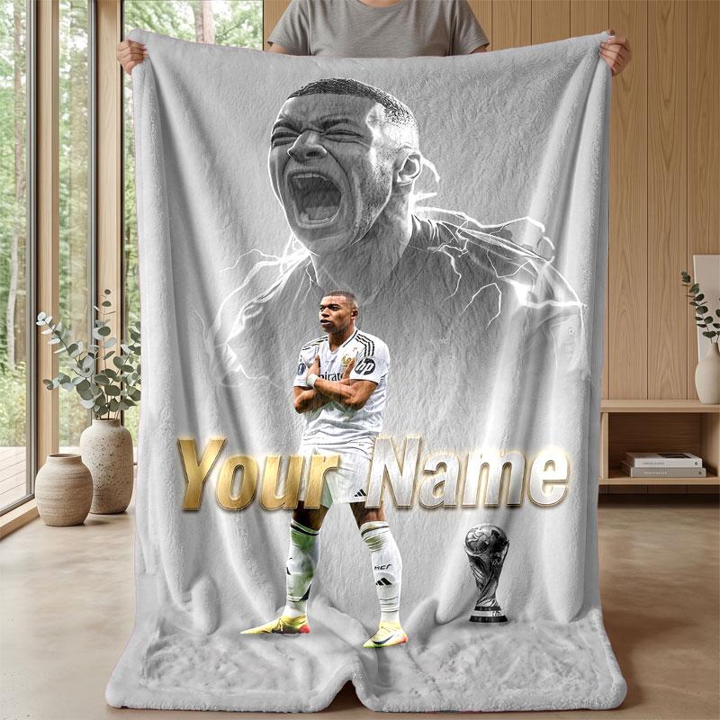 Kylian Mbappe Custom Name Text Flannel Blanket Soccer Logo Personalized Fleece Throw Blanket Special Gift For Sofa Bedroom Home