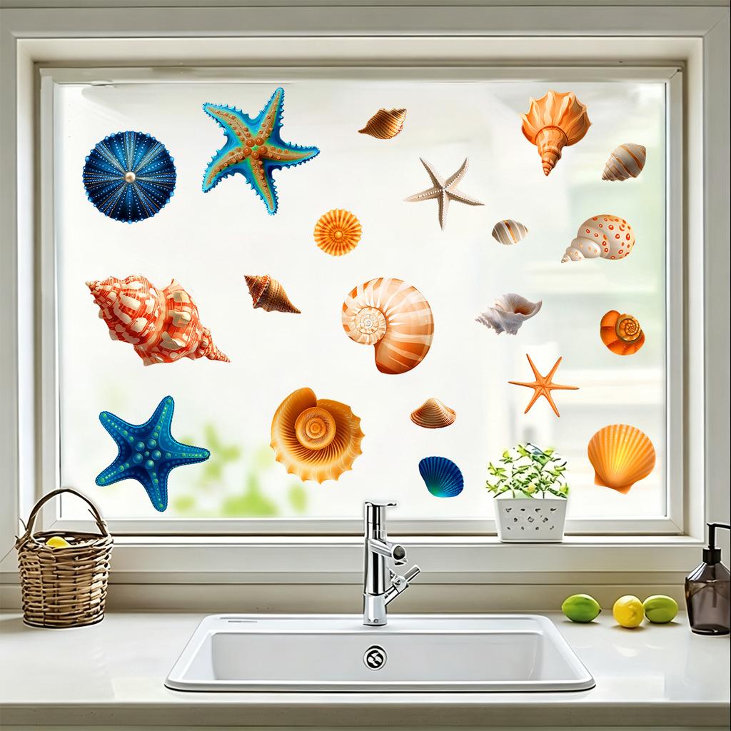 Conchas Estrellas de Mar Pegatina Estática para Ventana Sin Pegamento Autoadhesiva Para Decoración de Vidrio de Dormitorio Baño